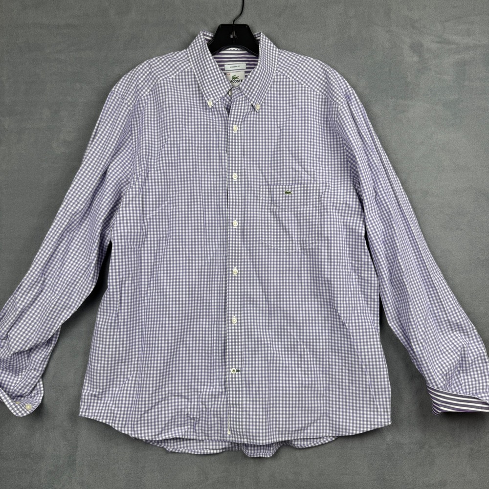 Lacoste‎ Mens Purple Gingham Check Button Down Shirt Modern Fit Size 44 F5182